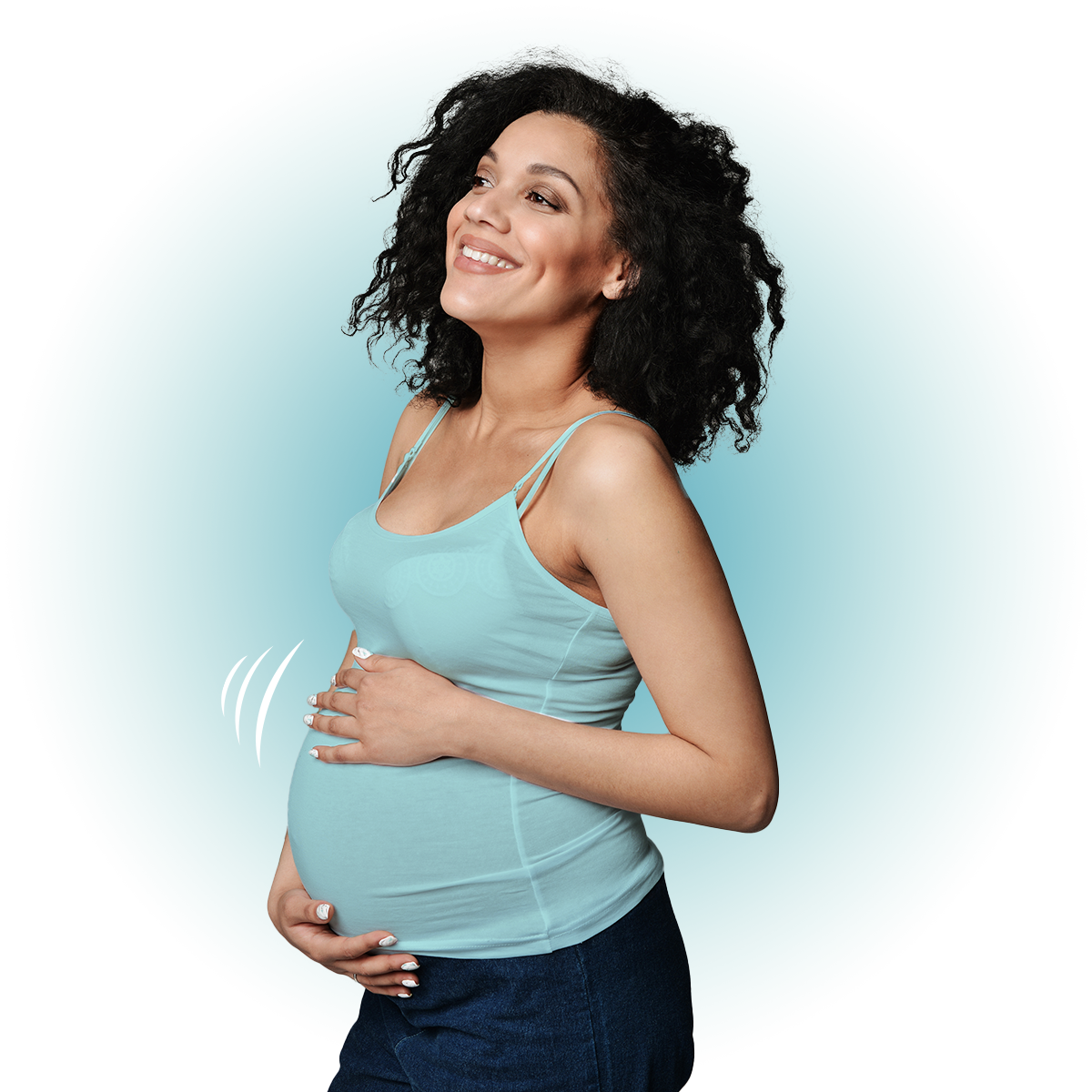 A pregnant woman in a light blue tank top hold her belly and laughs.