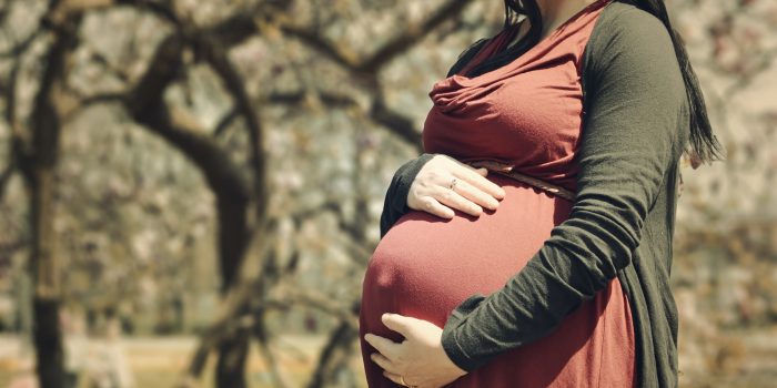 Pregnant woman holding her belly.