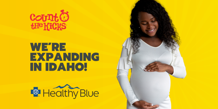Count the Kicks and Healthy Blue announce an expansion into Idaho, featuring a smiling pregnant woman on a bright yellow background with the organizations’ logos.